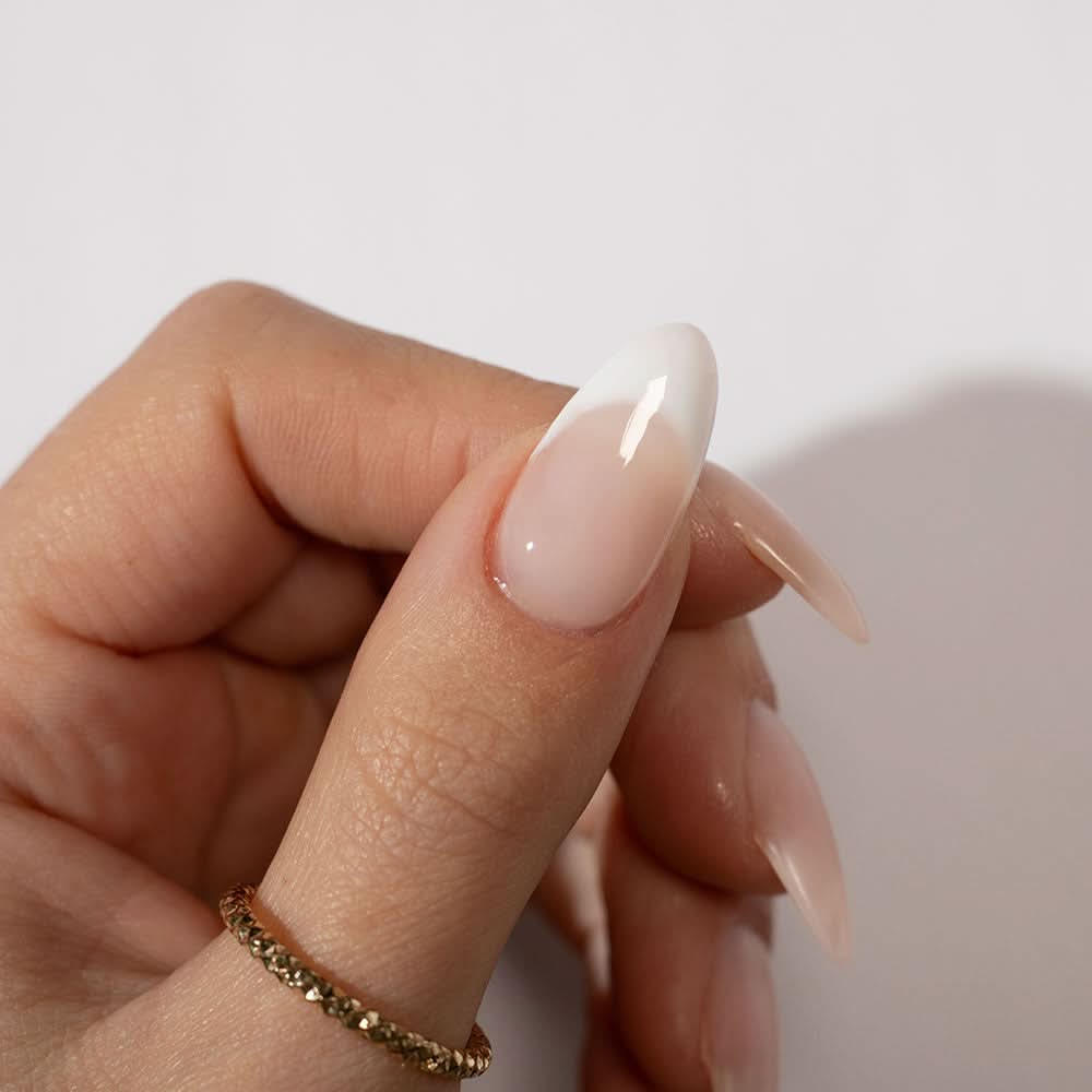 Gelous Bare Builder in a Bottle (BIAB) gel nail polish French tip on model - photographed in New Zealand