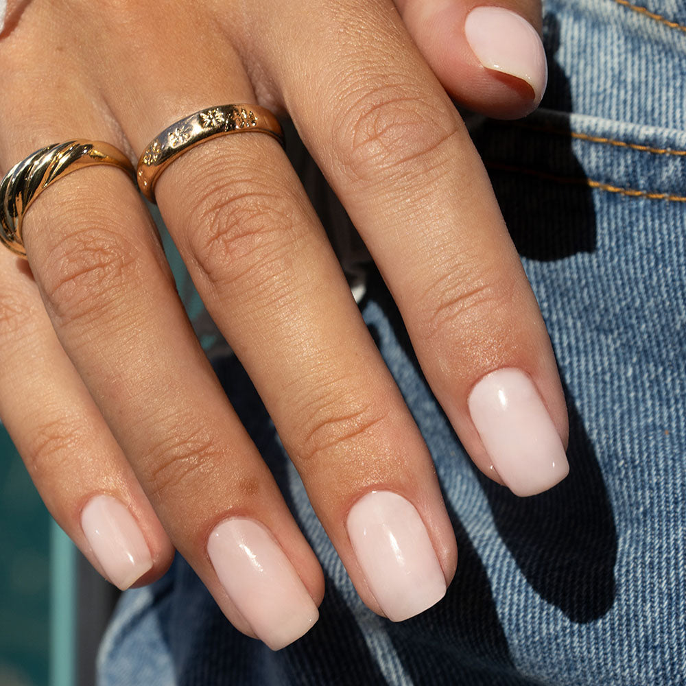 Gelous Milky Pink Builder in a Bottle (BIAB) gel nail polish on model - photographed in New Zealand