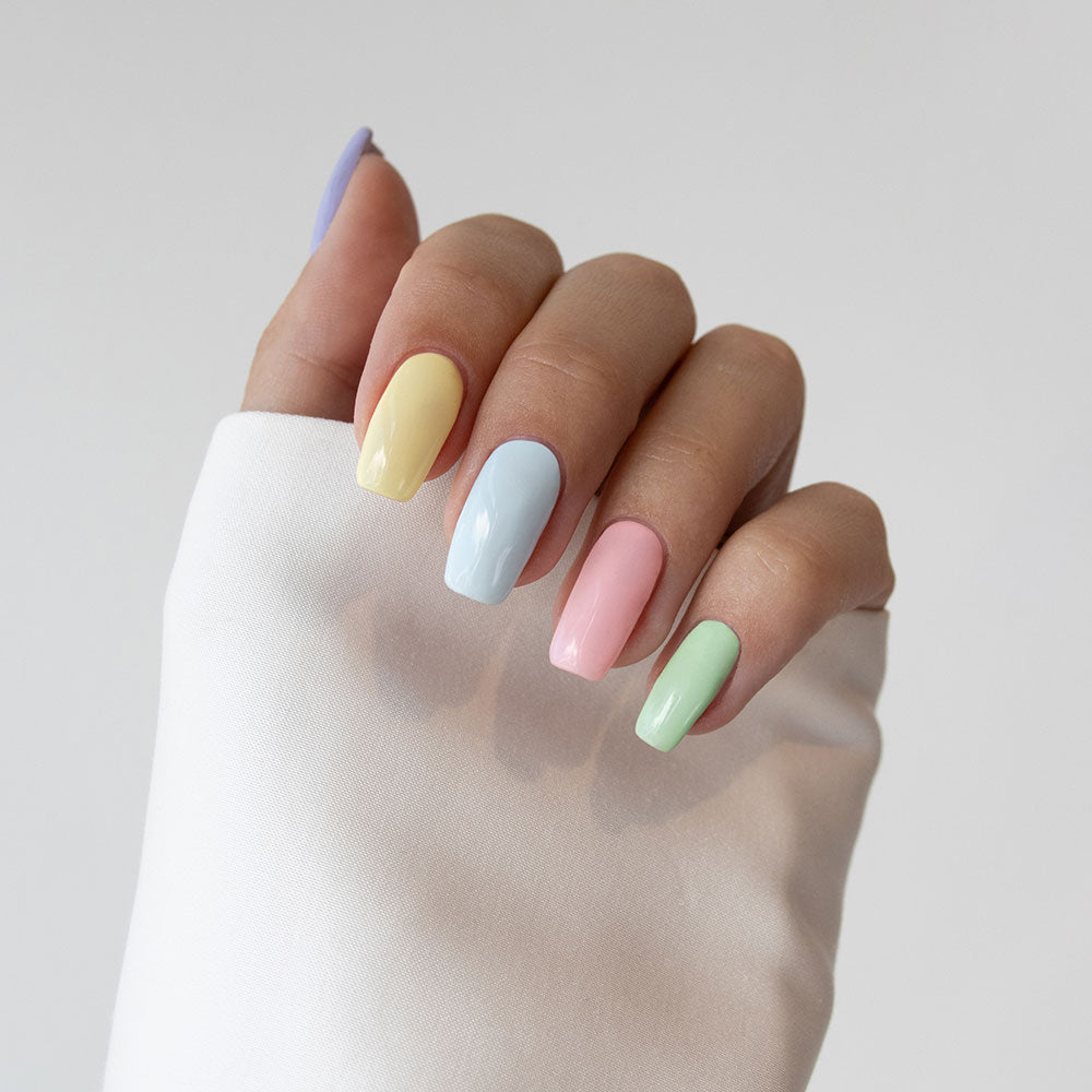 Gelous Strawberry Kisses, Lemon Sorbet, Baby Blues, Mint to Be & Wink My Way gel nail polish - photographed on model in New Zealand