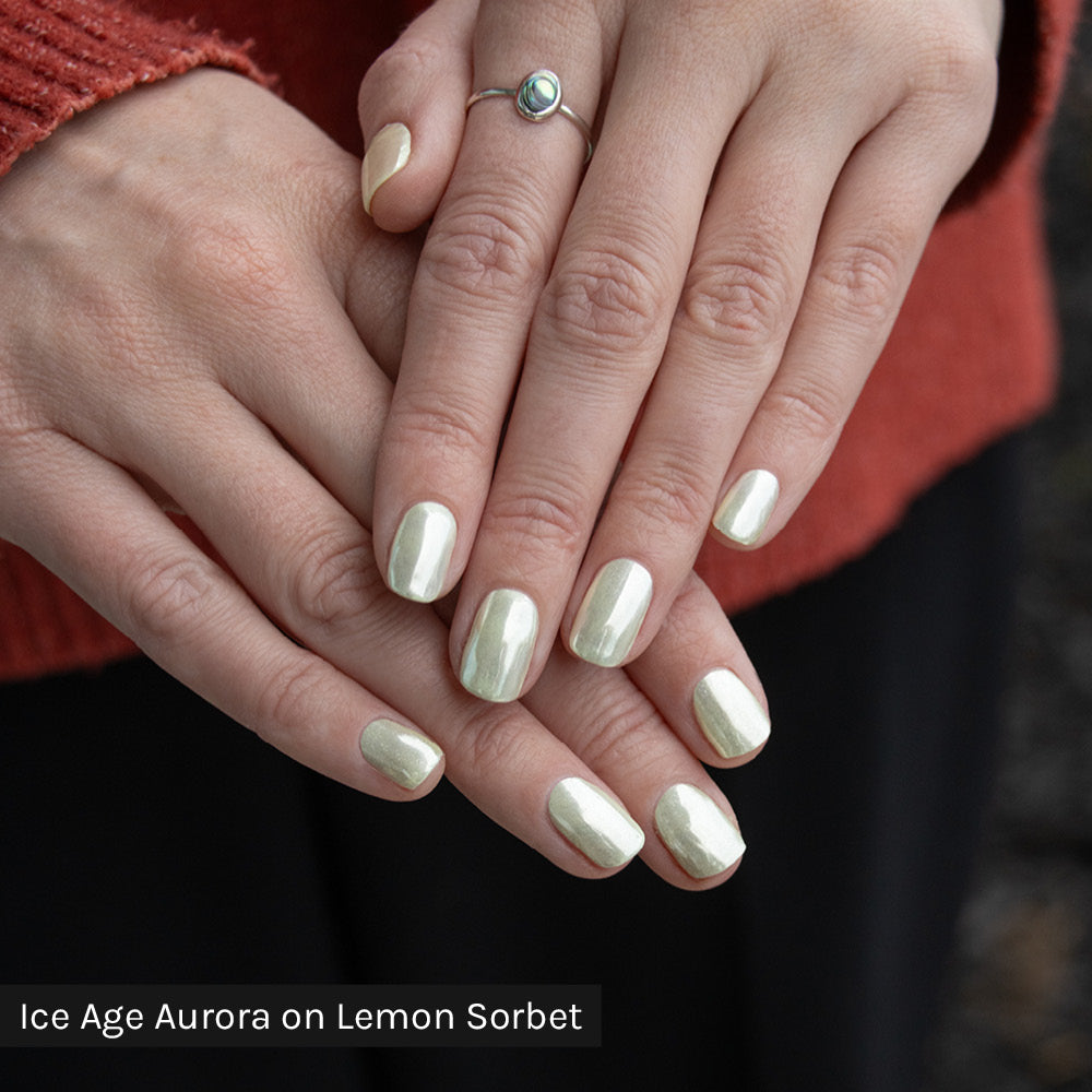 Gelous Ice Age Aurora Chrome Powder on Lemon Sorbet - photographed in New Zealand on model