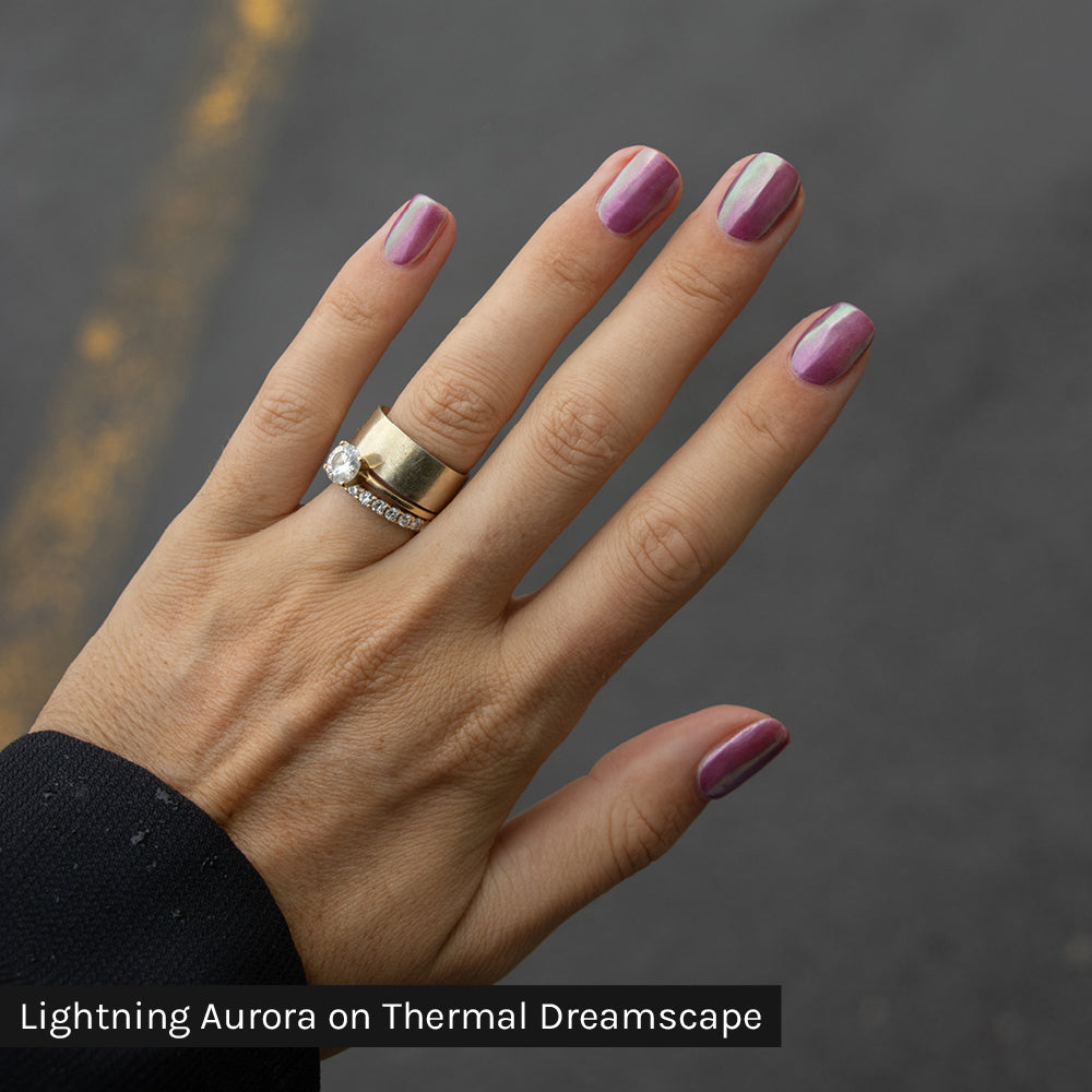 Gelous Lightning Aurora Chrome Powder on Thermal Dreamscape - photographed in New Zealand on model