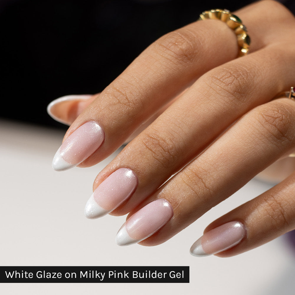 Gelous White Glaze Chrome Powder on Milky Pink Builder Gel - photographed in New Zealand on model