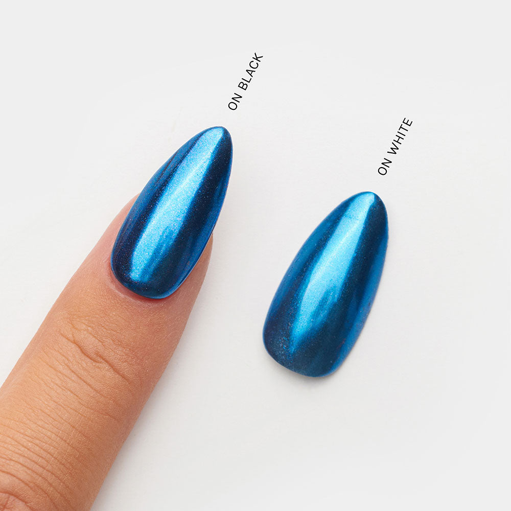 Gelous Blue Mirror Chrome Powder swatch - photographed in New Zealand