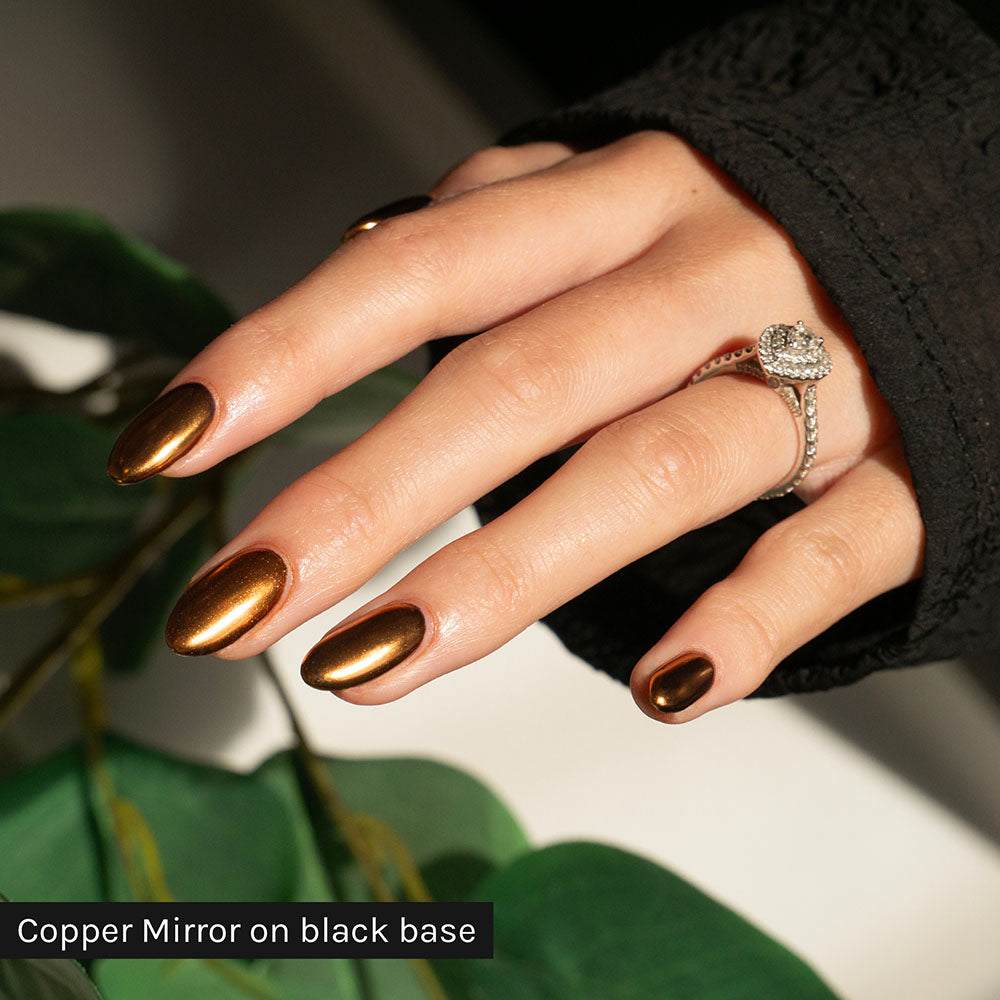 Gelous Copper Mirror Chrome Powder on Black Out - photographed in New Zealand on model