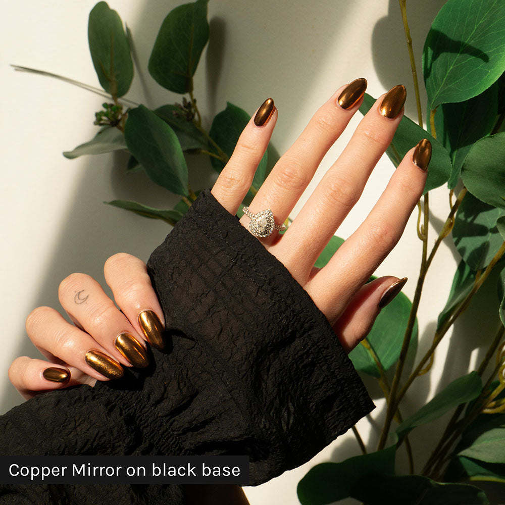 Gelous Copper Mirror Chrome Powder on Black Out - photographed in New Zealand on model