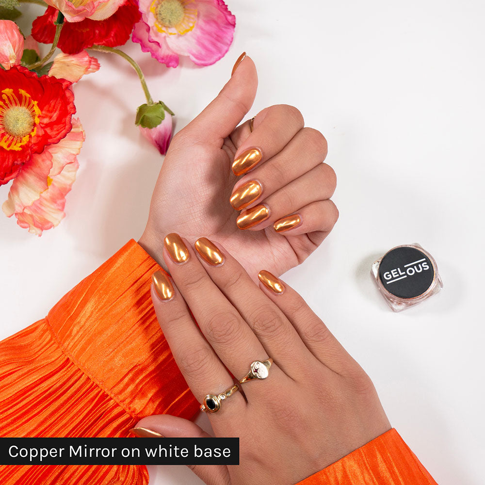 Gelous Copper Mirror Chrome Powder on Just White - photographed in New Zealand on model