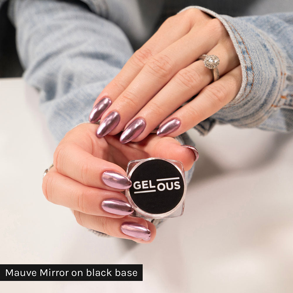 Gelous Mauve Mirror Chrome Powder on Black Out - photographed in New Zealand on model