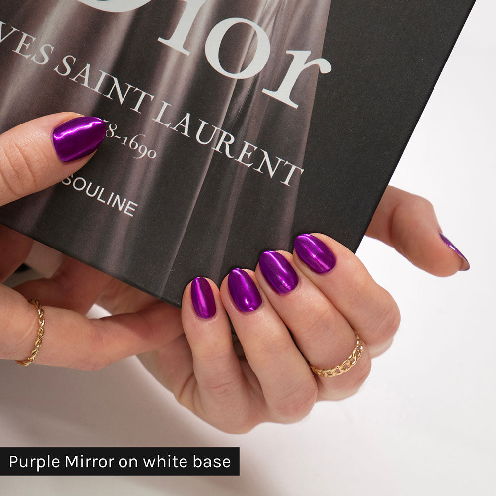 Gelous Purple Mirror Chrome Powder on Just White - photographed in New Zealand on model