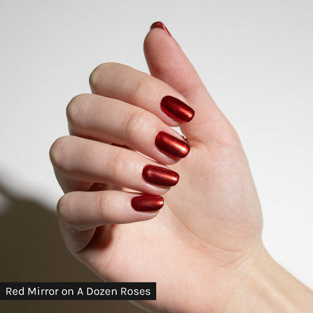 Gelous Red Mirror Chrome Powder on A Dozen Roses - photographed in New Zealand on model