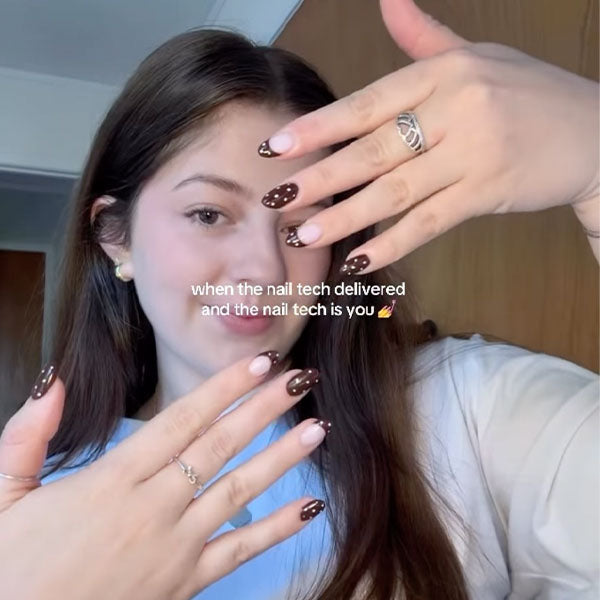 Brown polka dot nail art - Gelous customer video from Instagram