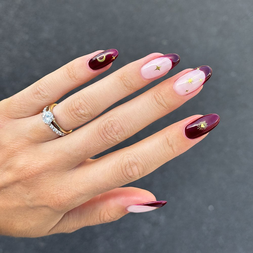 Gelous Gold Celestial Nail Art Stickers product photo - photographed in New Zealand on model