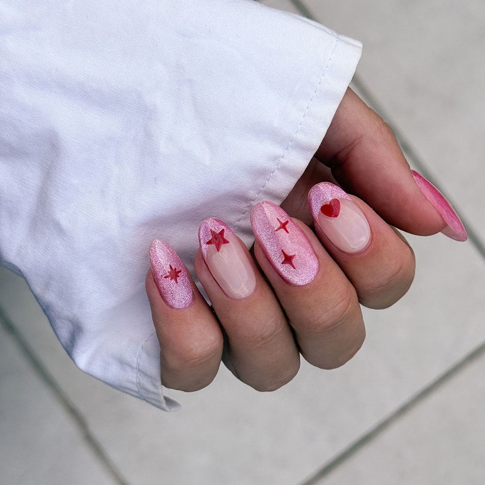 Gelous Red Hearts and Stars Nail Art Stickers product photo - photographed in New Zealand on model