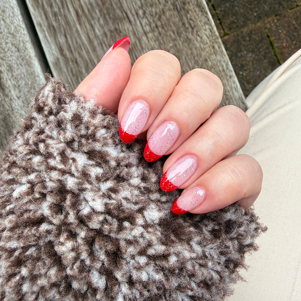 Gelous Fine Glitter Top Coat gel nail polish on model - photographed in New Zealand