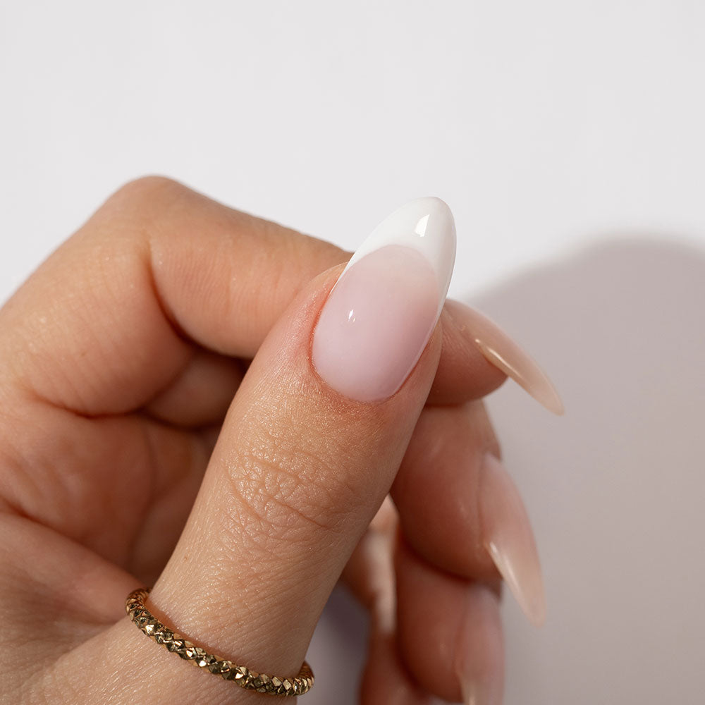Gelous Ballet Builder in a Bottle (BIAB) gel nail polish French tip on model - photographed in New Zealand