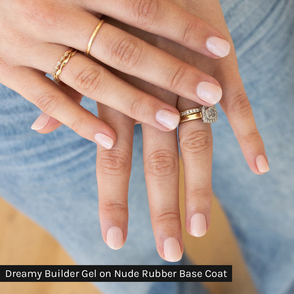 Gelous Dreamy Builder in a Bottle (BIAB) on Nude Rubber Base Coat gel nail polish on model - photographed in New Zealand