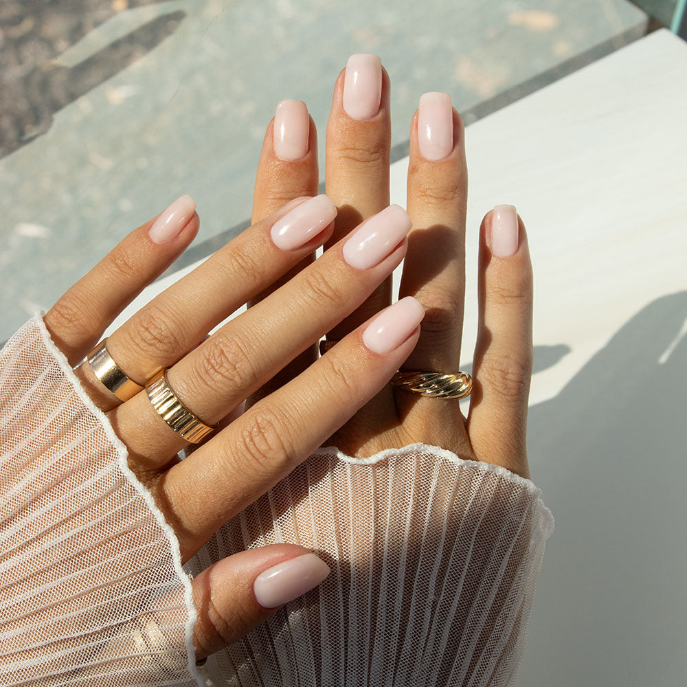 Gelous Milky Pink Builder in a Bottle (BIAB) gel nail polish on model - photographed in New Zealand