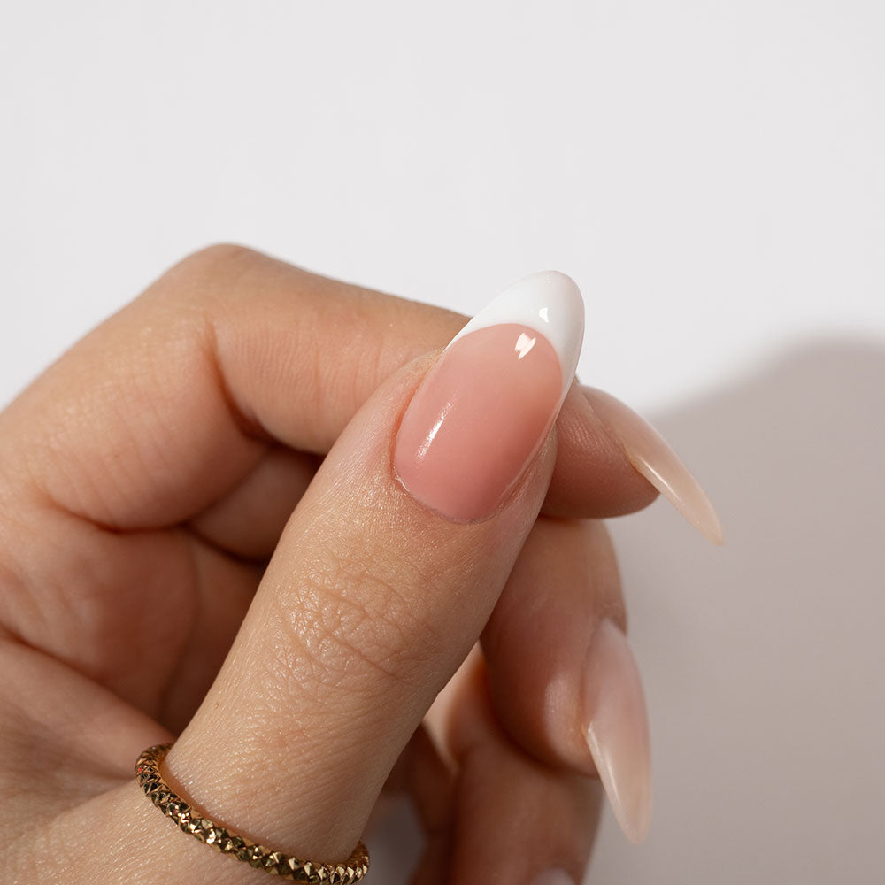 Gelous Rosy Builder in a Bottle (BIAB) gel nail polish French Tip on model - photographed in New Zealand
