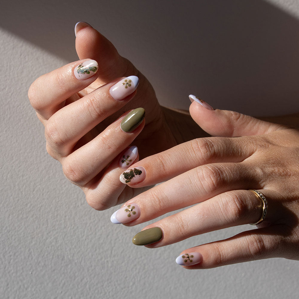 Gelous Juniper and Bouquet gel nail polish with French tips, flowers and Gold Leaf - photographed in New Zealand on model