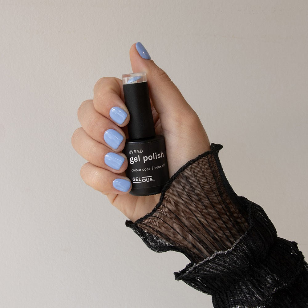 Gelous Forget me Not HEMA & TPO Free gel nail polish swatch - photographed in New Zealand on model