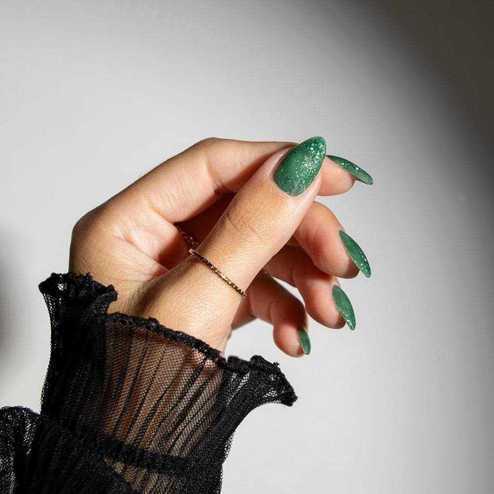 Gelous Green Tinsel gel nail polish - photographed in New Zealand on mode