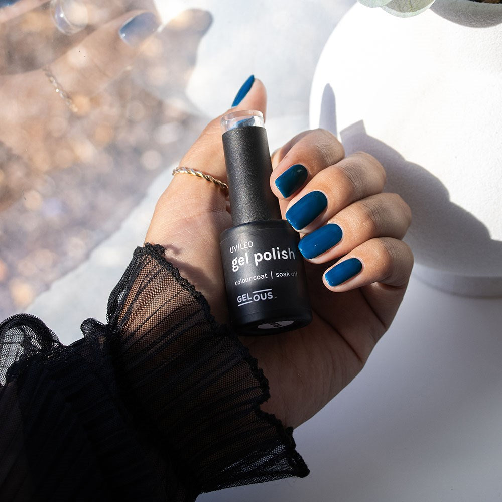 Gelous In the Navy HEMA & TPO Free gel nail polish swatch - photographed in New Zealand on model