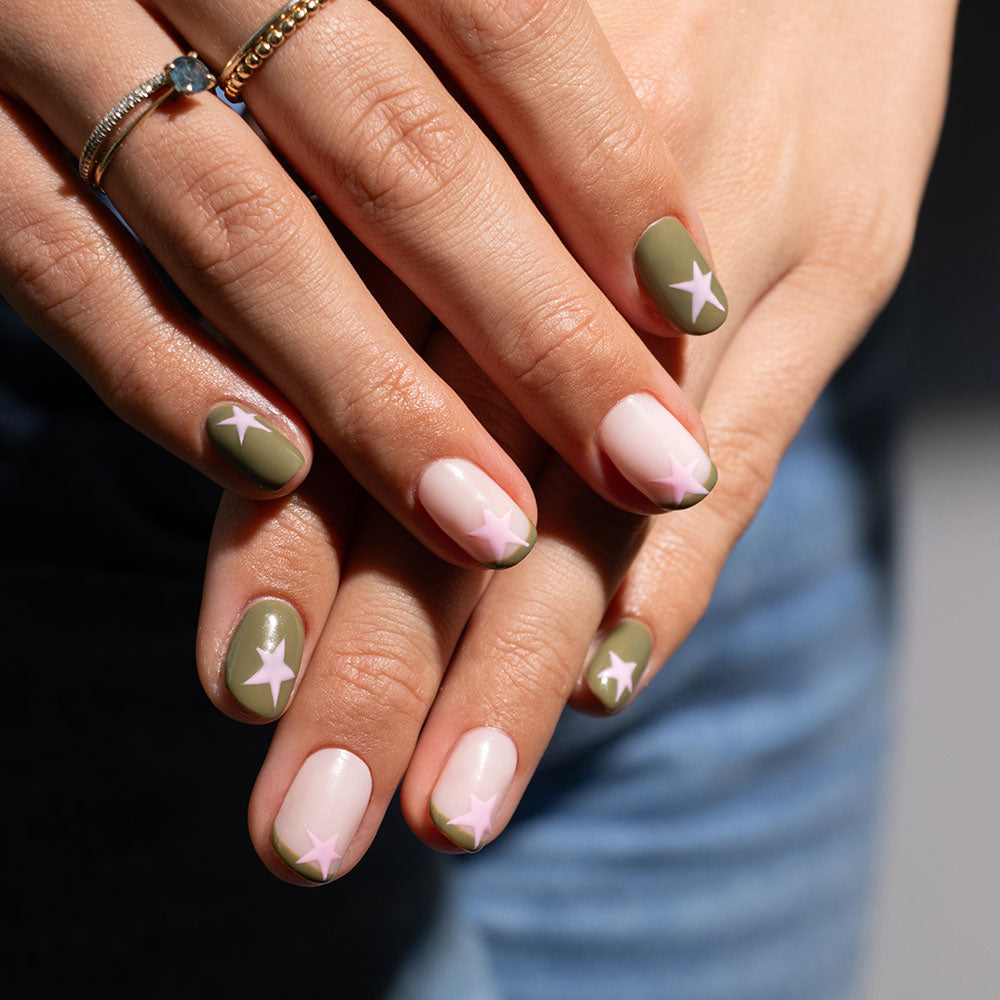 Gelous Juniper and Candy Shop gel nail polish with French tips and stars - photographed in New Zealand on model