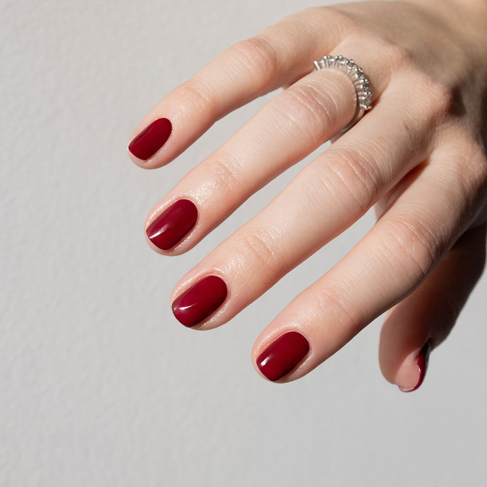 Gelous Merlot gel nail polish - photographed in New Zealand on model