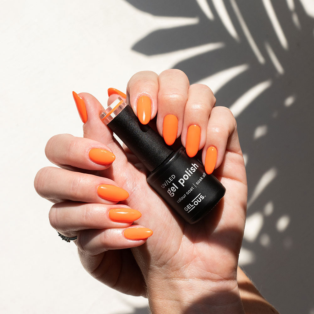 Gelous Neon Tangelo gel nail polish swatch - photographed in New Zealand