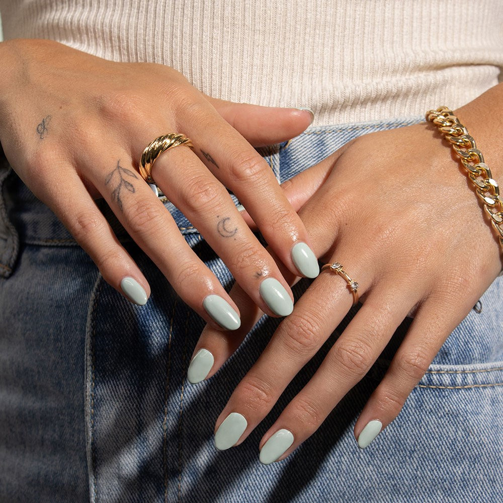 Gelous Pistachio HEMA & TPO Free gel nail polish swatch - photographed in New Zealand on model
