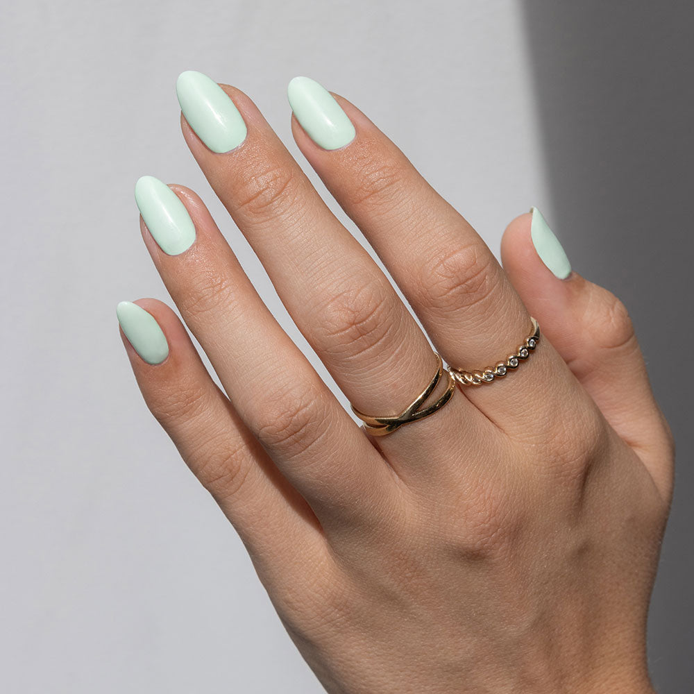 Gelous Serene Green gel nail polish - photographed in New Zealand on model