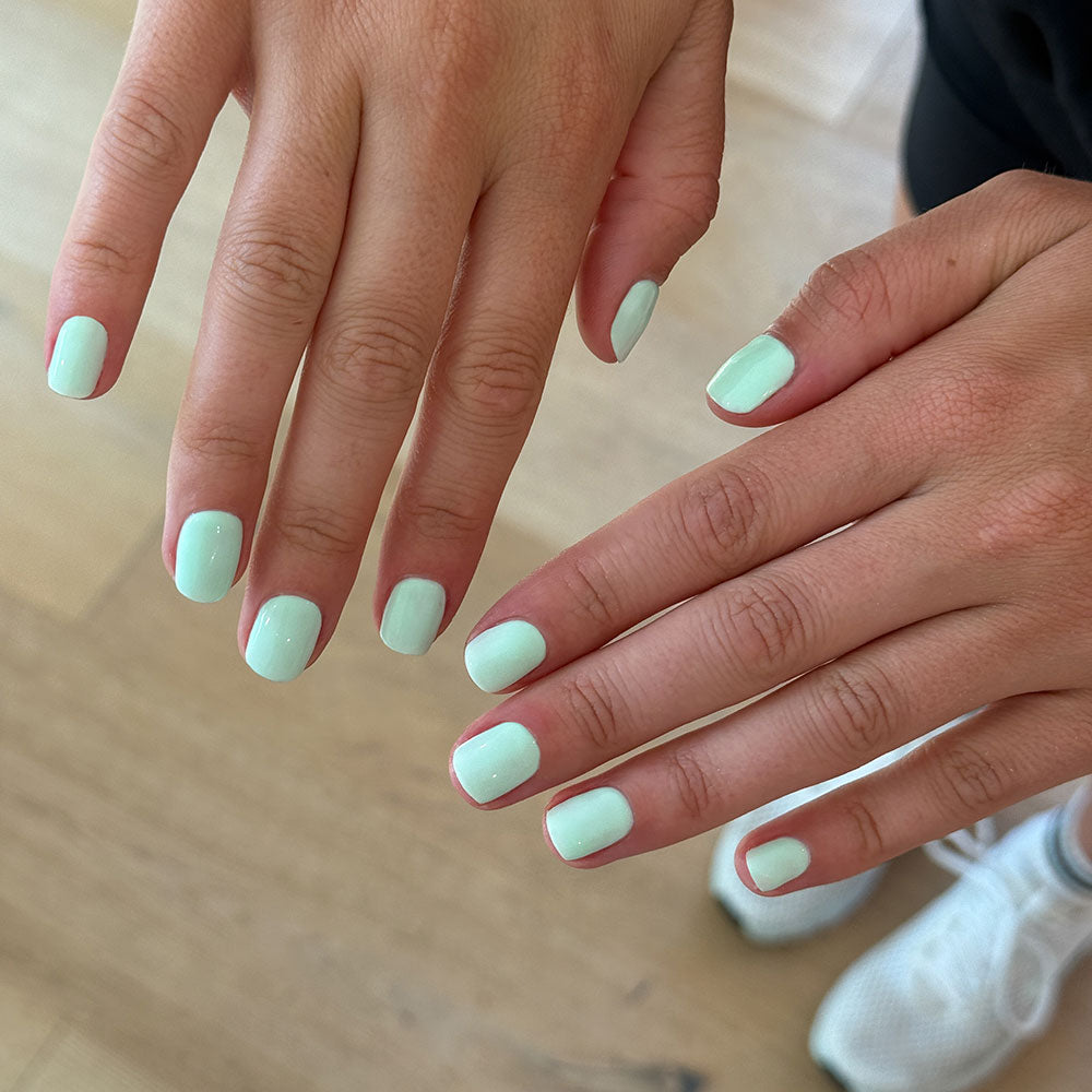 Gelous Serene Green gel nail polish - photographed in New Zealand on model