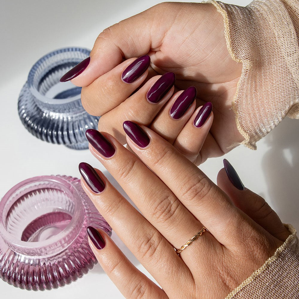 Gelous Vampy Purple HEMA & TPO Free gel nail polish - photographed in New Zealand on model