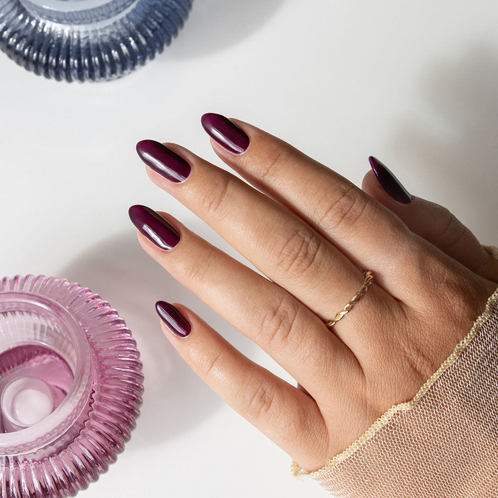 Gelous Vampy Purple HEMA & TPO Free gel nail polish - photographed in New Zealand on model