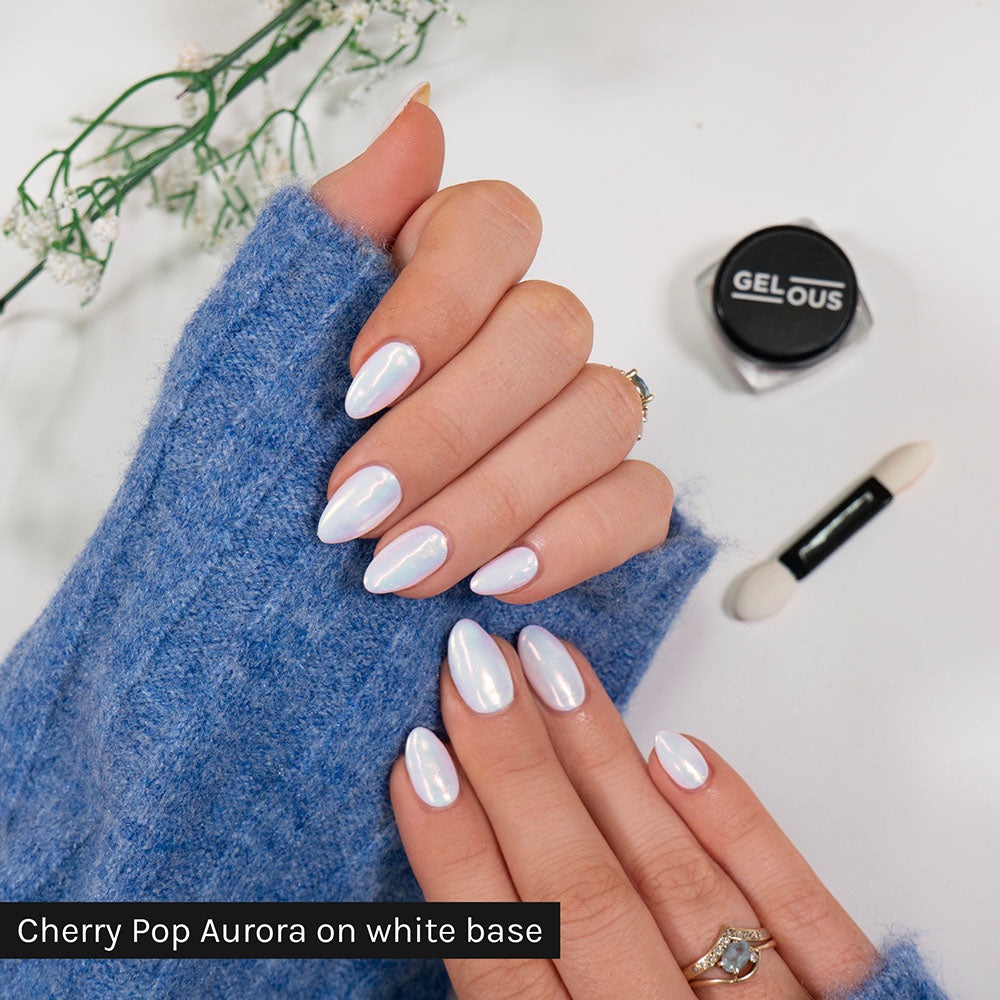 Gelous Cherry Pop Aurora Chrome Powder on Just White - photographed in New Zealand on model