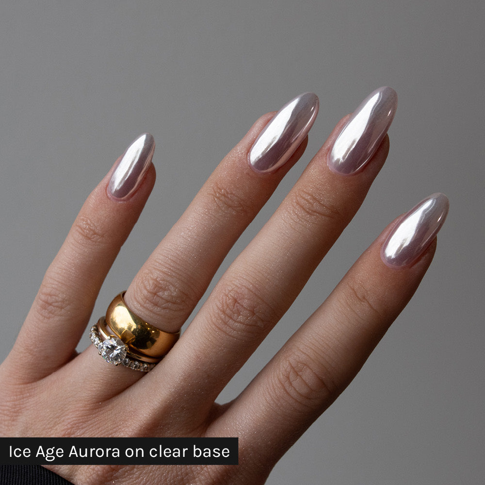 Gelous Ice Age Aurora Chrome Powder on clear base - photographed in New Zealand on model