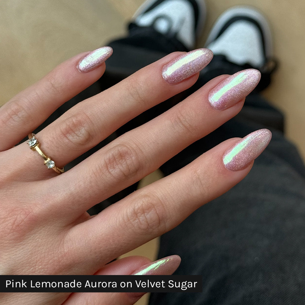 Gelous Pink Lemonade Aurora Chrome Powder on Velvet Sugar - photographed in New Zealand on model