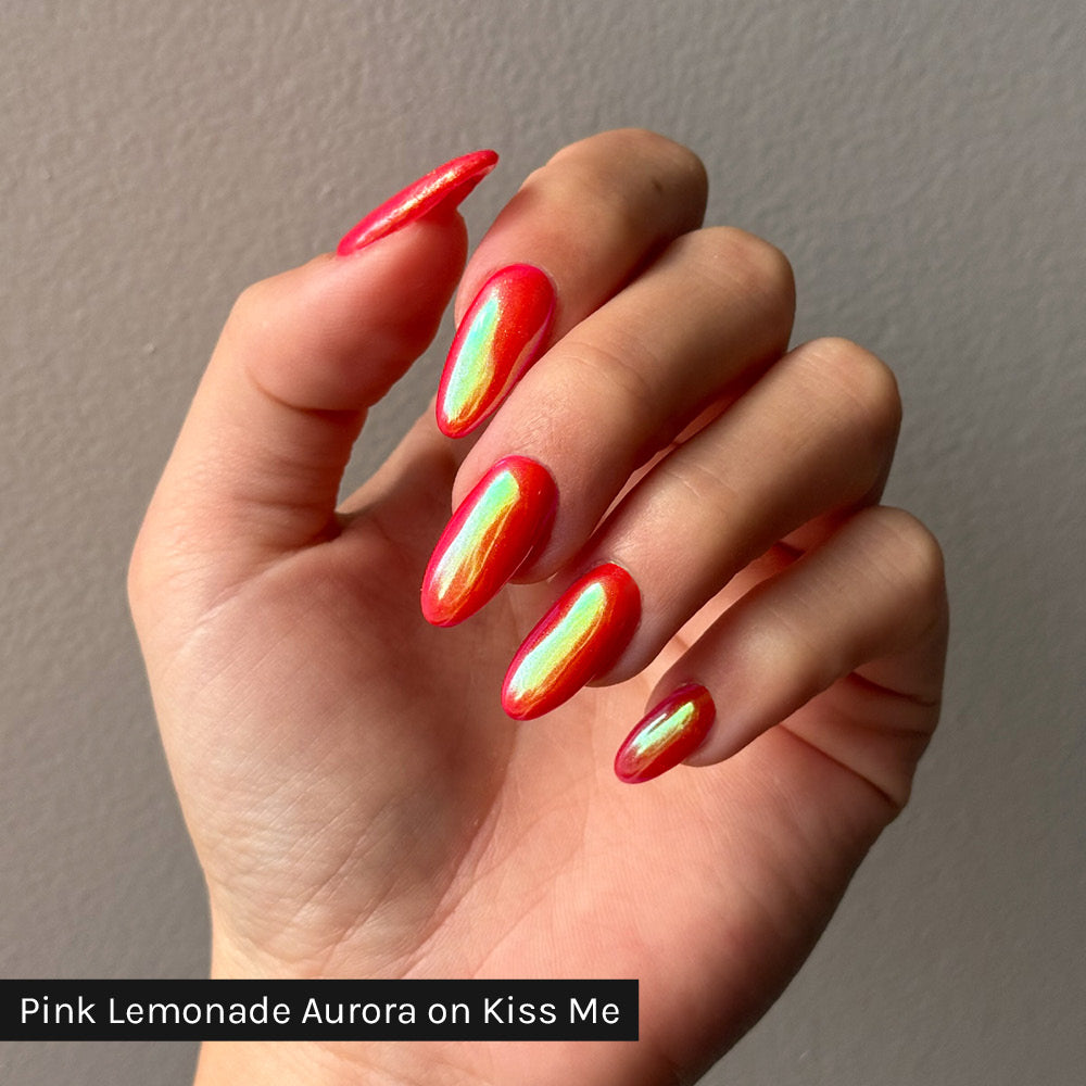 Gelous Pink Lemonade Aurora Chrome Powder on Kiss Me - photographed in New Zealand on model