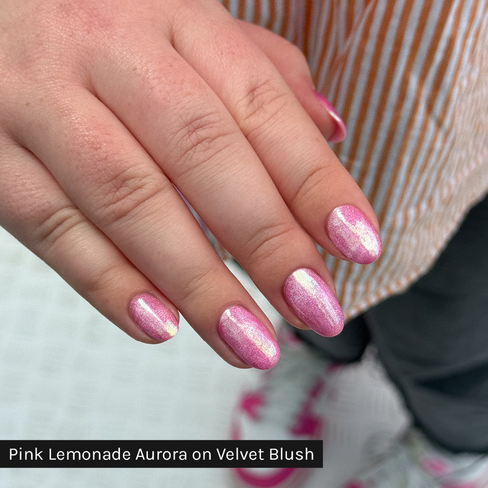 Gelous Pink Lemonade Aurora Chrome Powder on Velvet Blush - photographed in New Zealand on model
