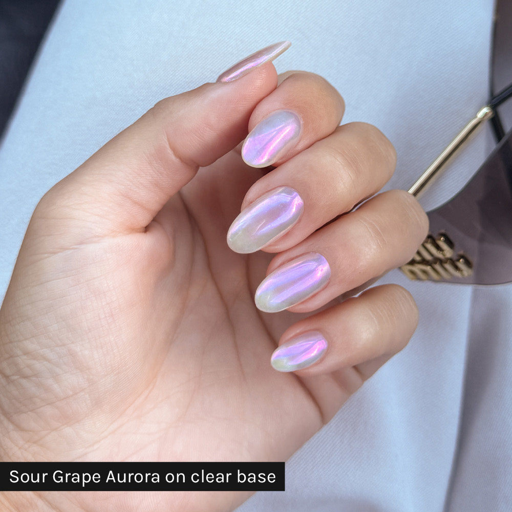 Gelous Sour Grape Aurora Chrome Powder - photographed in New Zealand on model