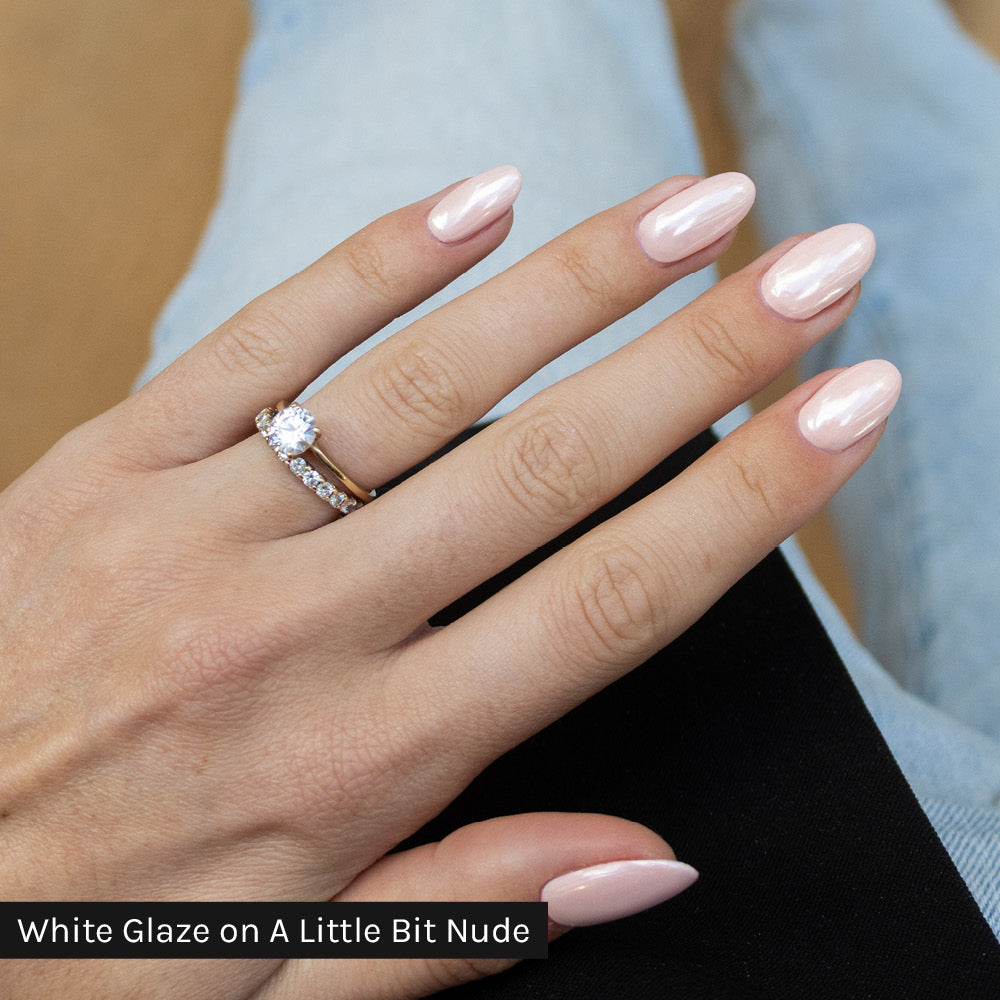 Gelous White Glaze Chrome Powder on A Little Bit Nude gel nail polish - photographed in New Zealand on model