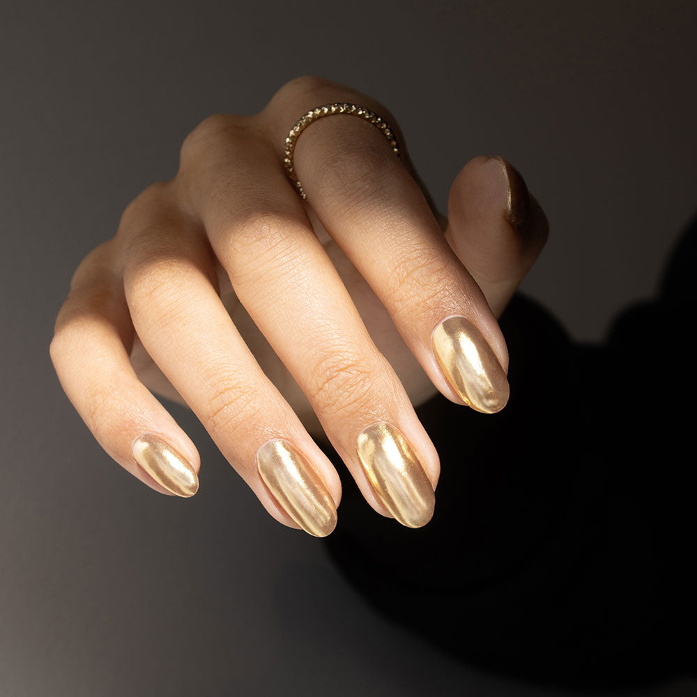Gelous Gold Mirror Chrome Powder on Black Out - photographed in New Zealand on model