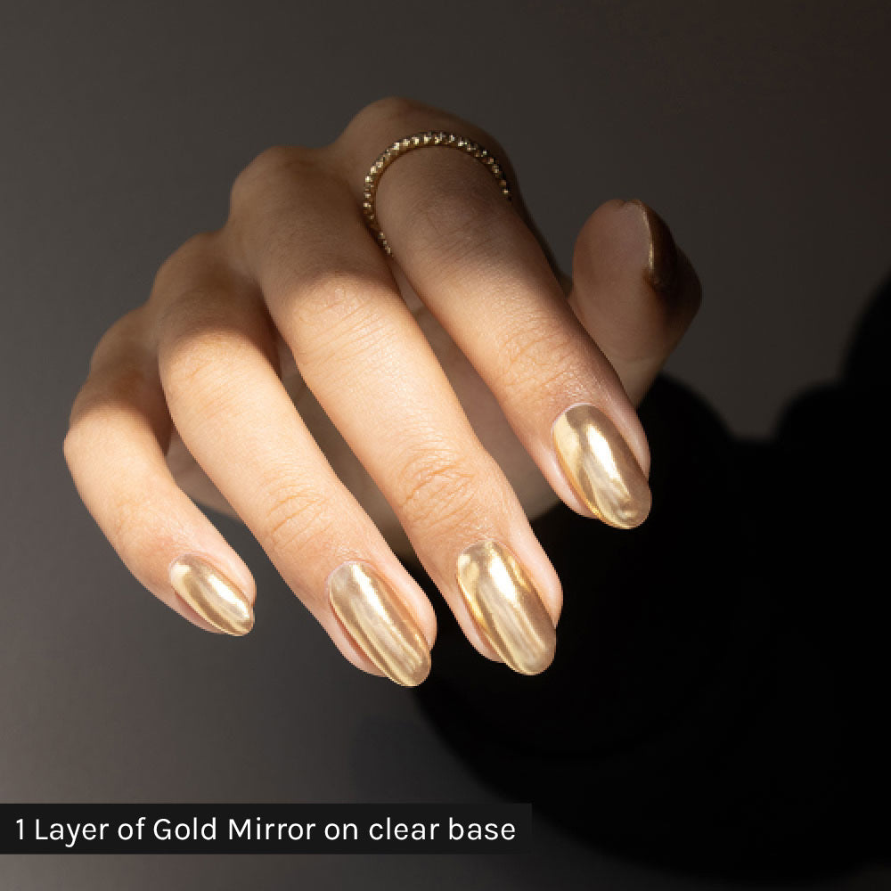 Gelous Gold Mirror Chrome Powder on clear base - photographed in New Zealand on model
