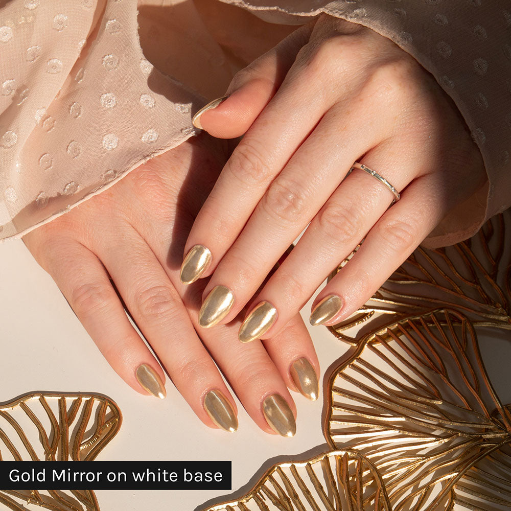 Gelous Gold Mirror Chrome Powder on Just White - photographed in New Zealand on model