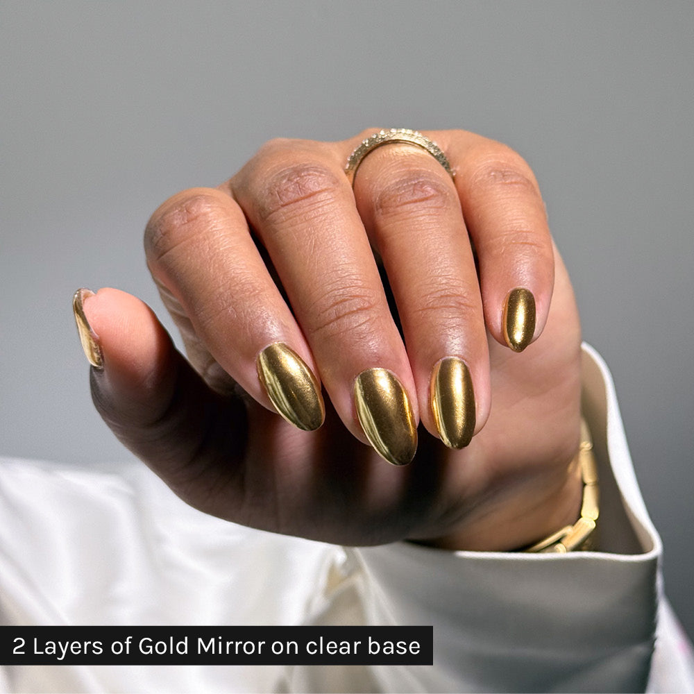 Gelous Gold Mirror Chrome Powder on clear base - photographed in New Zealand on model