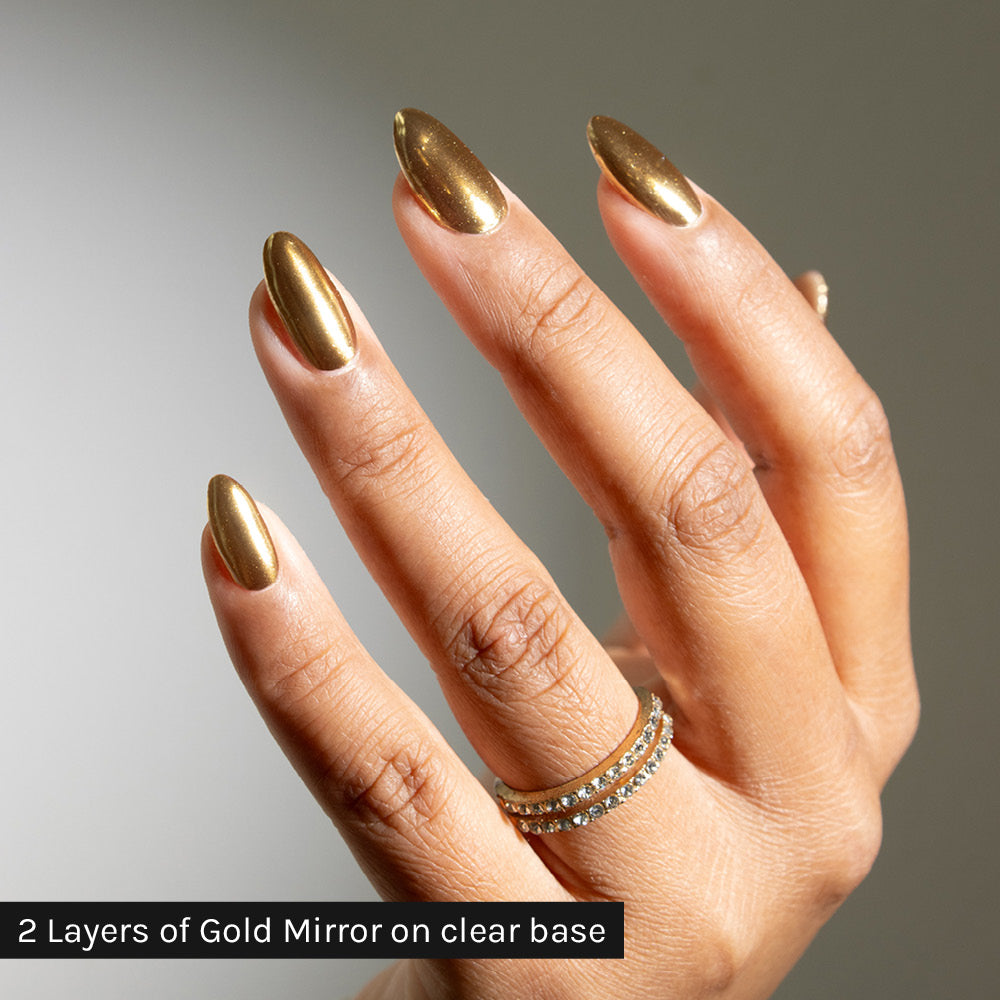 Gelous Gold Mirror Chrome Powder on clear base - photographed in New Zealand on model