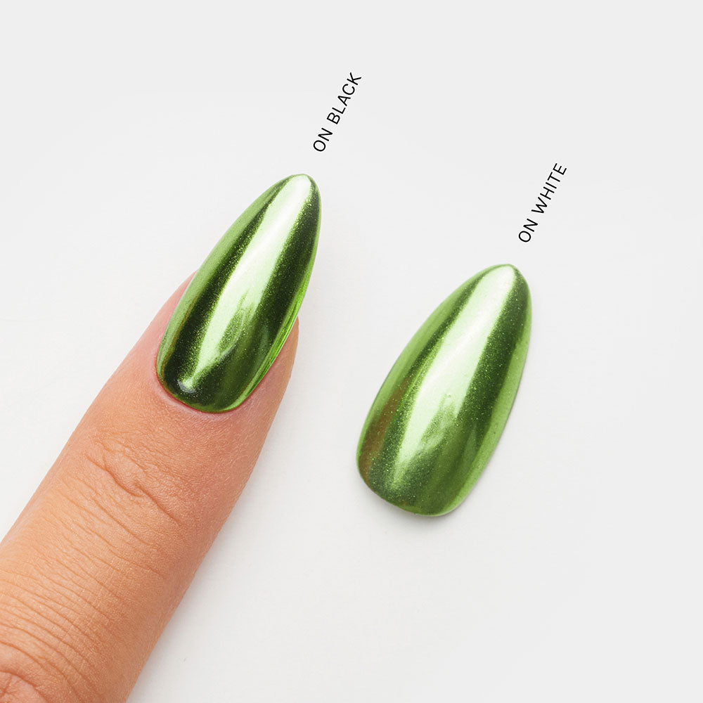 Gelous Green Mirror Chrome Powder swatch - photographed in New Zealand