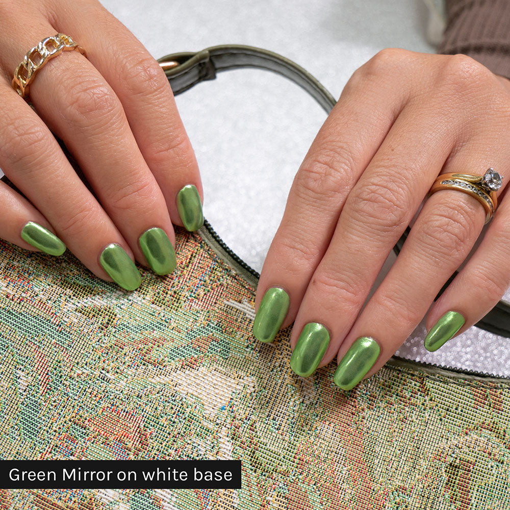 Gelous Green Mirror Chrome Powder on Just White gel nail polish - photographed in New Zealand on model