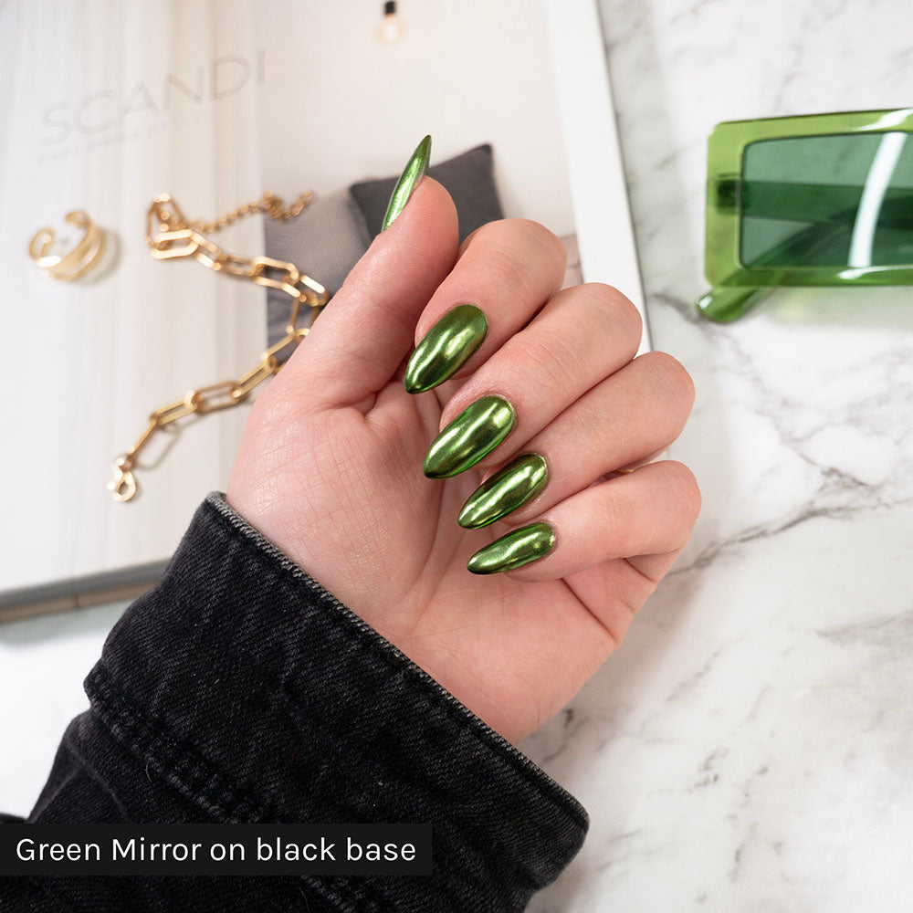 Gelous Green Mirror Chrome Powder on Black Out gel nail polish - photographed in New Zealand on model