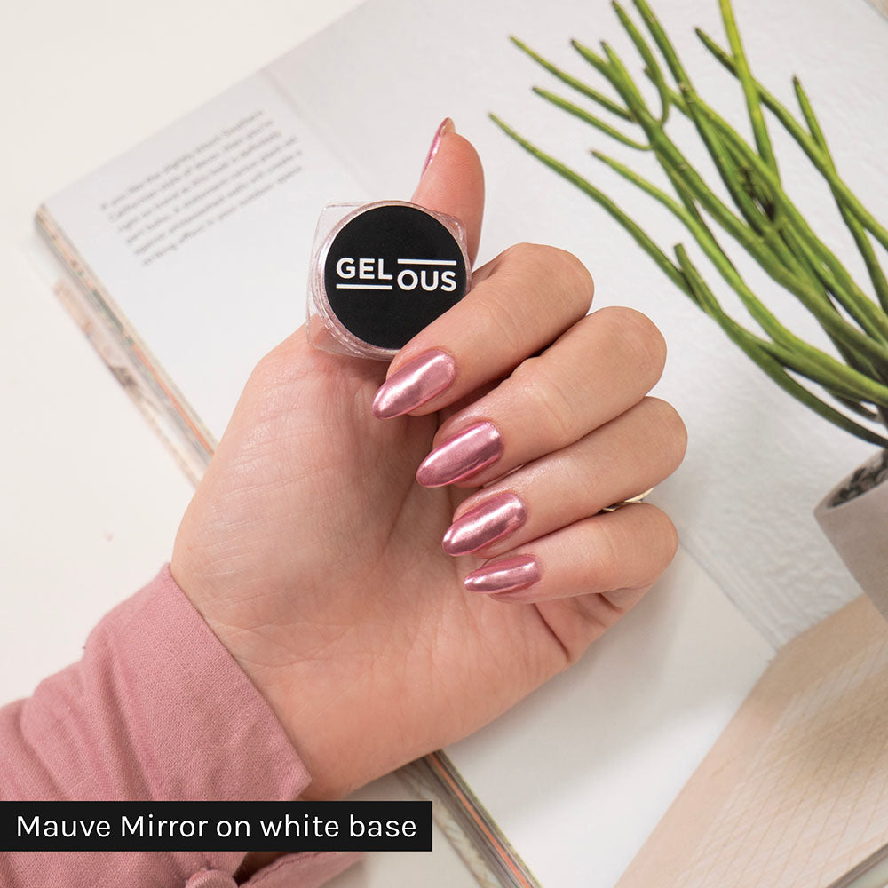 Gelous Mauve Mirror Chrome Powder on Just White - photographed in New Zealand on model