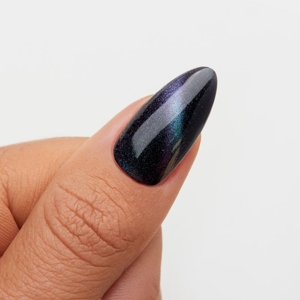 Gelous Galaxy Interstellar gel nail polish swatch on Black Out - photographed in New Zealand
